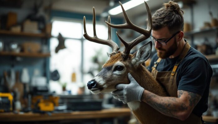 A photograph of a skilled taxidermist carefully shoulder mounting a deer