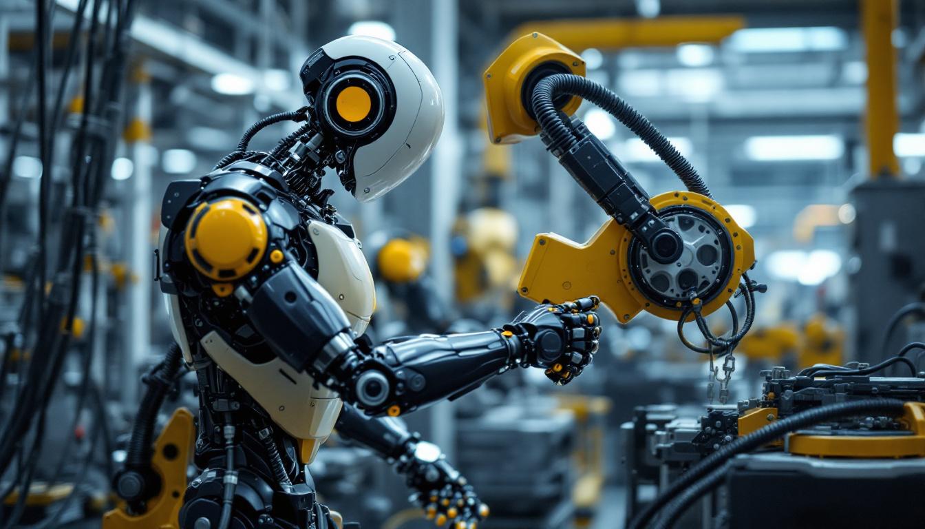 A photograph of a sleek industrial robot in action within a manufacturing environment