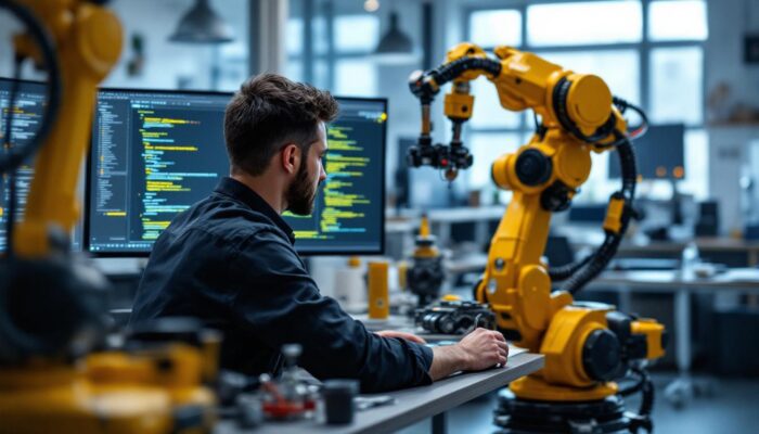 A photograph of a skilled computer software engineer working on an industrial robotic system