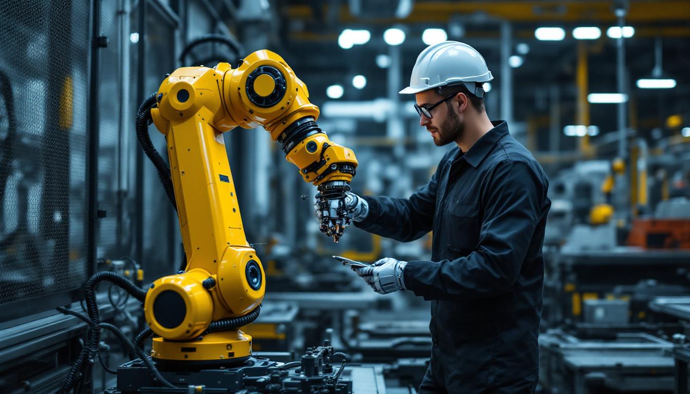 A photograph of a skilled engineer interacting with a state-of-the-art industrial robotic arm in a modern manufacturing setting