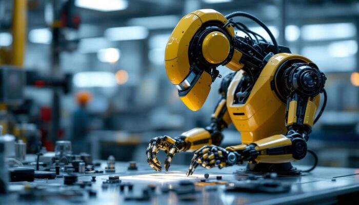 A photograph of a sleek industrial robot in action within a modern laboratory setting