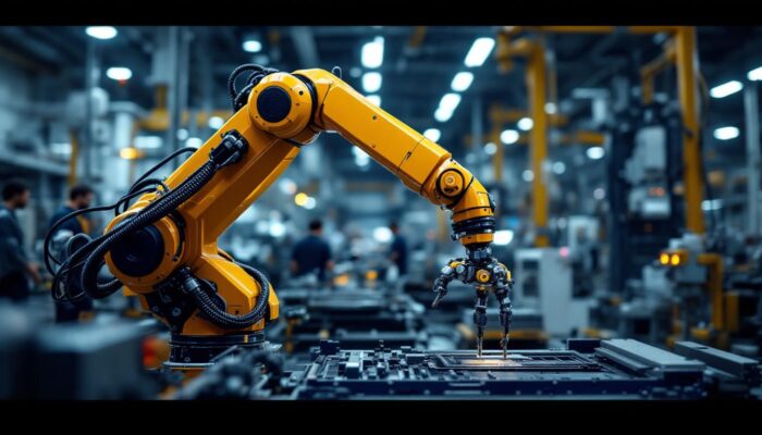 A photograph of a sleek industrial robotic arm in action