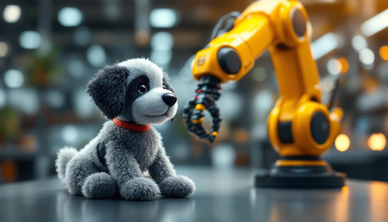 A photograph of a playful toy dog alongside a sleek industrial robotic arm in a bright