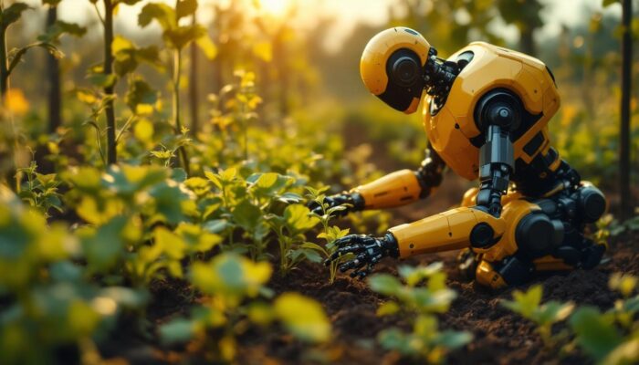 A photograph of a biodynamic farm setting where industrial robots are actively engaged in planting