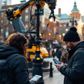 A photograph of a vibrant boston street scene featuring a mix of historic architecture and modern technology