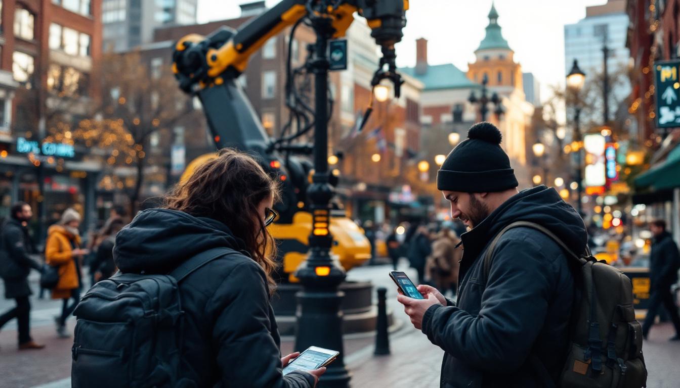 A photograph of a vibrant boston street scene featuring a mix of historic architecture and modern technology