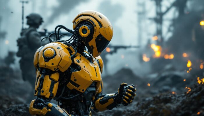 A photograph of a dynamic scene featuring a futuristic industrial robot in an action-packed battlefield setting
