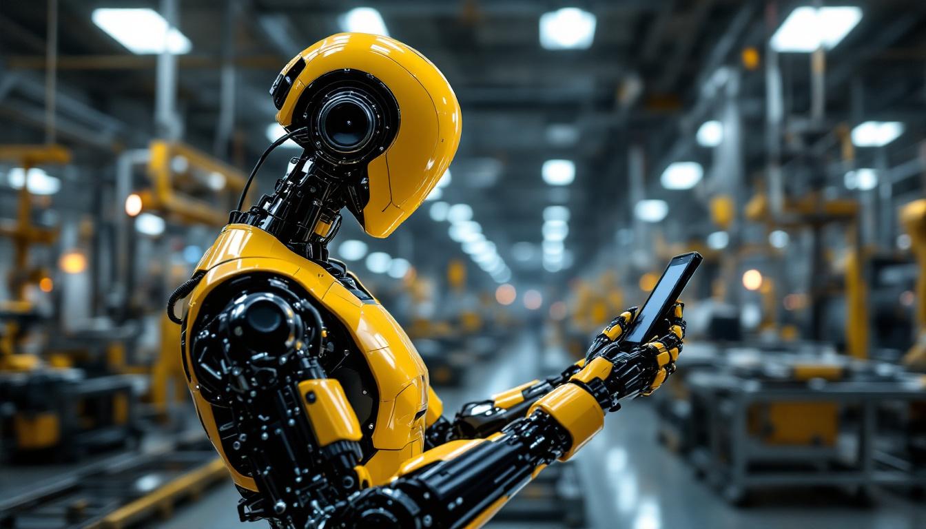 A photograph of a sleek industrial robot in action within a modern manufacturing facility