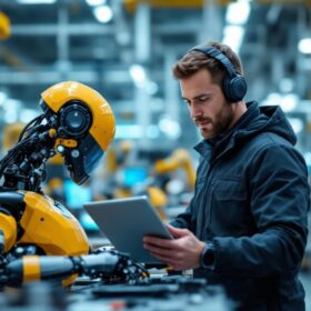 A photograph of capture a photograph of an ai/ml engineer working alongside an industrial robot in a modern manufacturing setting