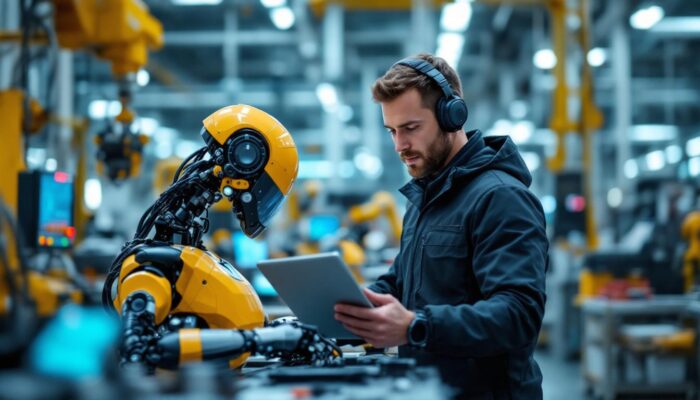 A photograph of capture a photograph of an ai/ml engineer working alongside an industrial robot in a modern manufacturing setting