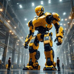 A photograph of a towering industrial robot in an expansive manufacturing setting