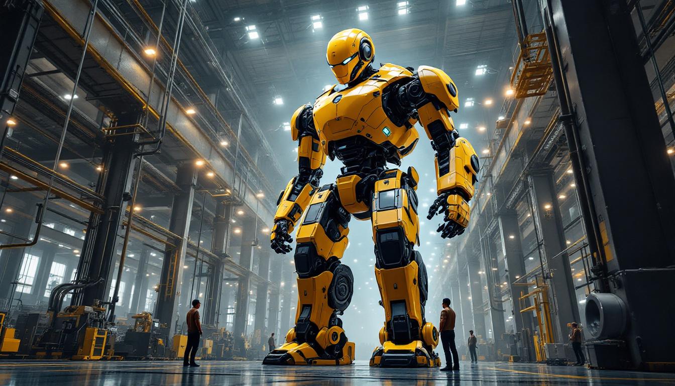 A photograph of a towering industrial robot in an expansive manufacturing setting