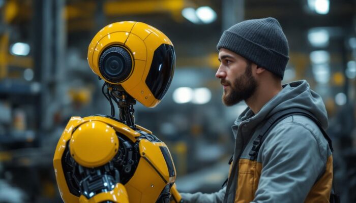 A photograph of a humanoid robot interacting with a human in an industrial setting