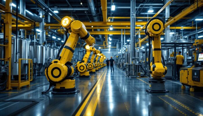 A photograph of capture a photograph of an industrial brewery setting showcasing advanced robotic systems in action