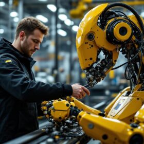 A photograph of a skilled electrical engineer working on an industrial robot in a modern manufacturing setting