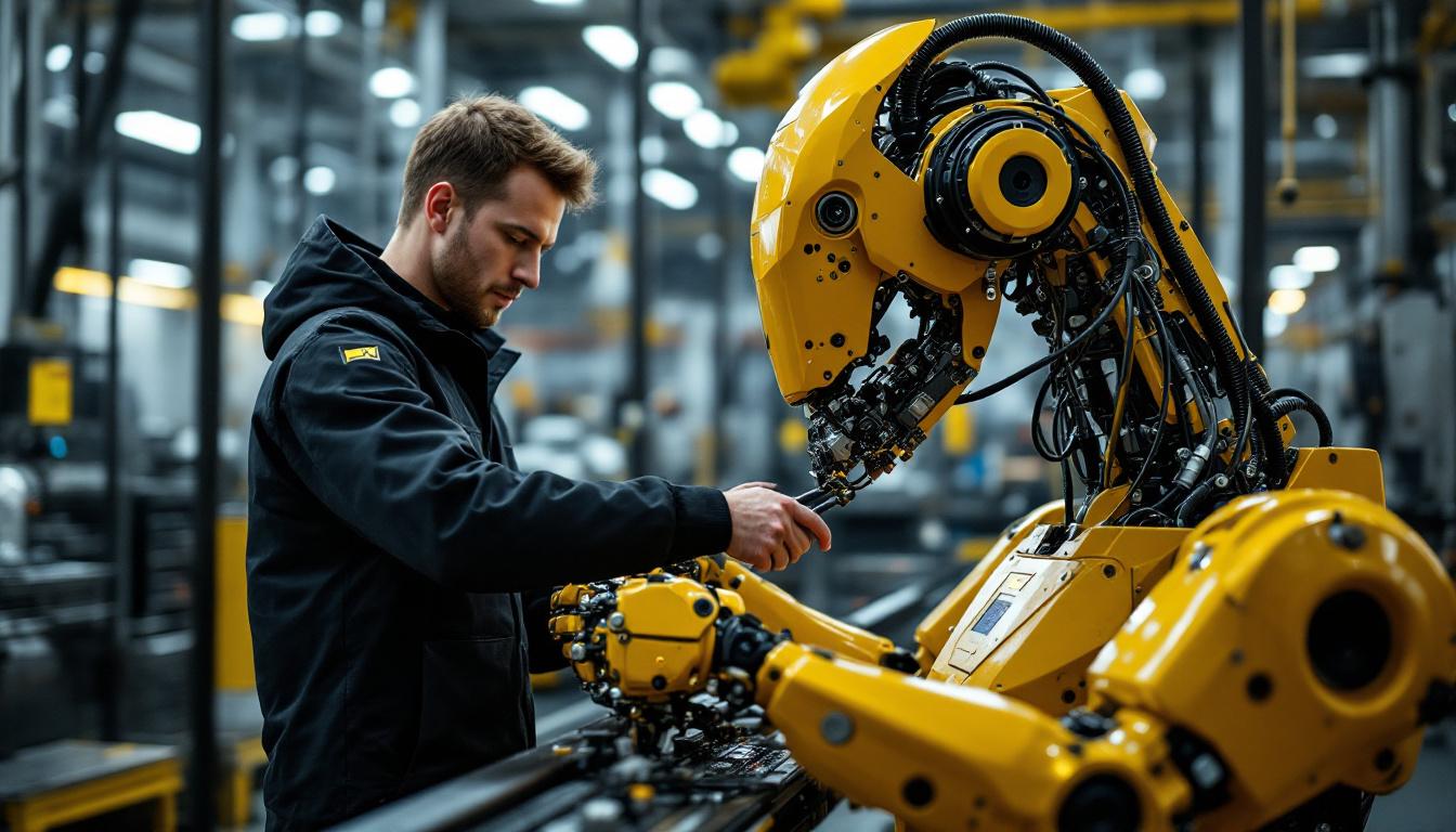 A photograph of a skilled electrical engineer working on an industrial robot in a modern manufacturing setting
