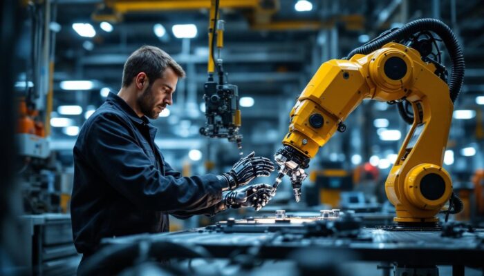 A photograph of a dynamic industrial setting featuring a skilled technician interacting with a state-of-the-art robotic arm