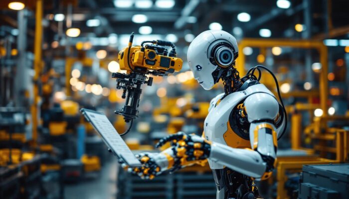 A photograph of a sleek industrial robot in action