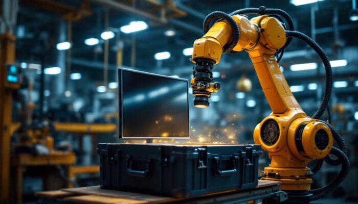 A photograph of a robust industrial robotic arm carefully placing a monitor into a durable carrying case