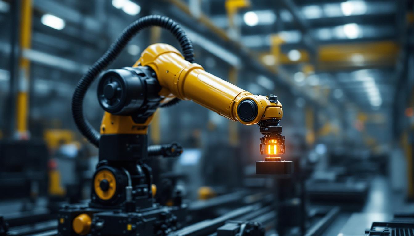 A photograph of a sleek industrial robotic arm equipped with laser navigation technology in action