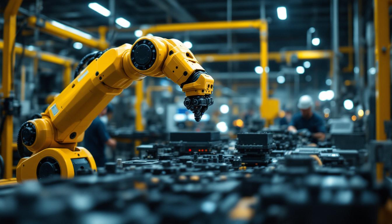 A photograph of a dynamic industrial setting featuring a robotic arm in action