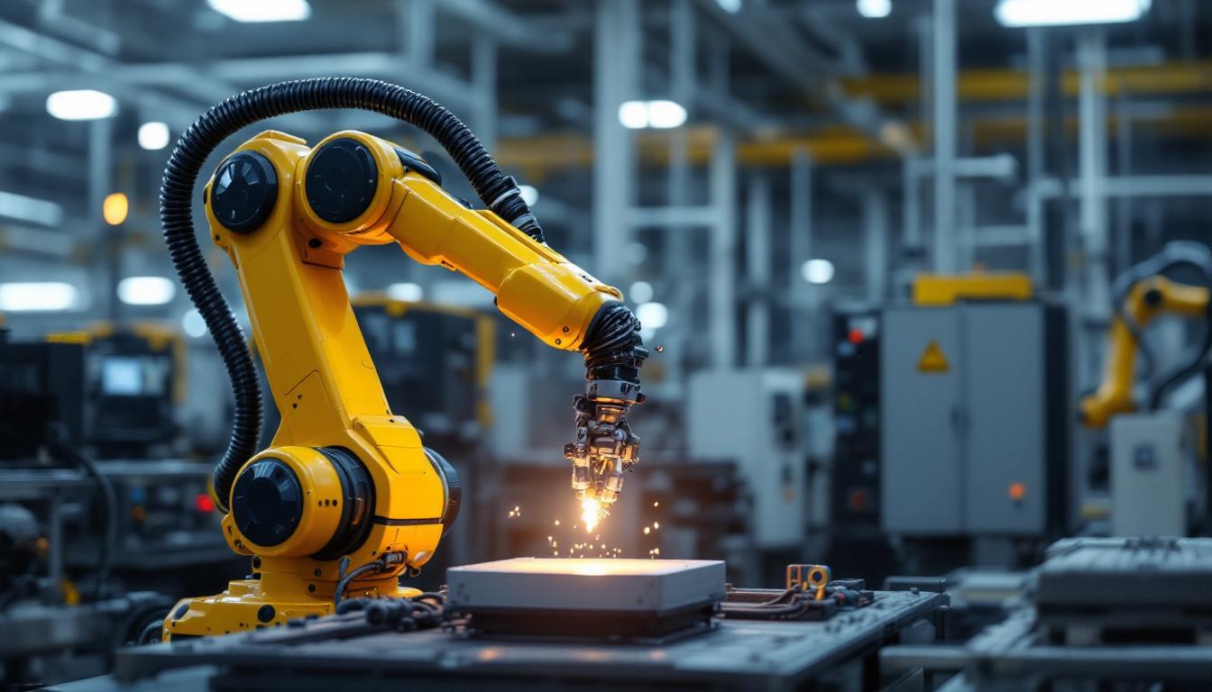 A photograph of a modern industrial robotic arm in action