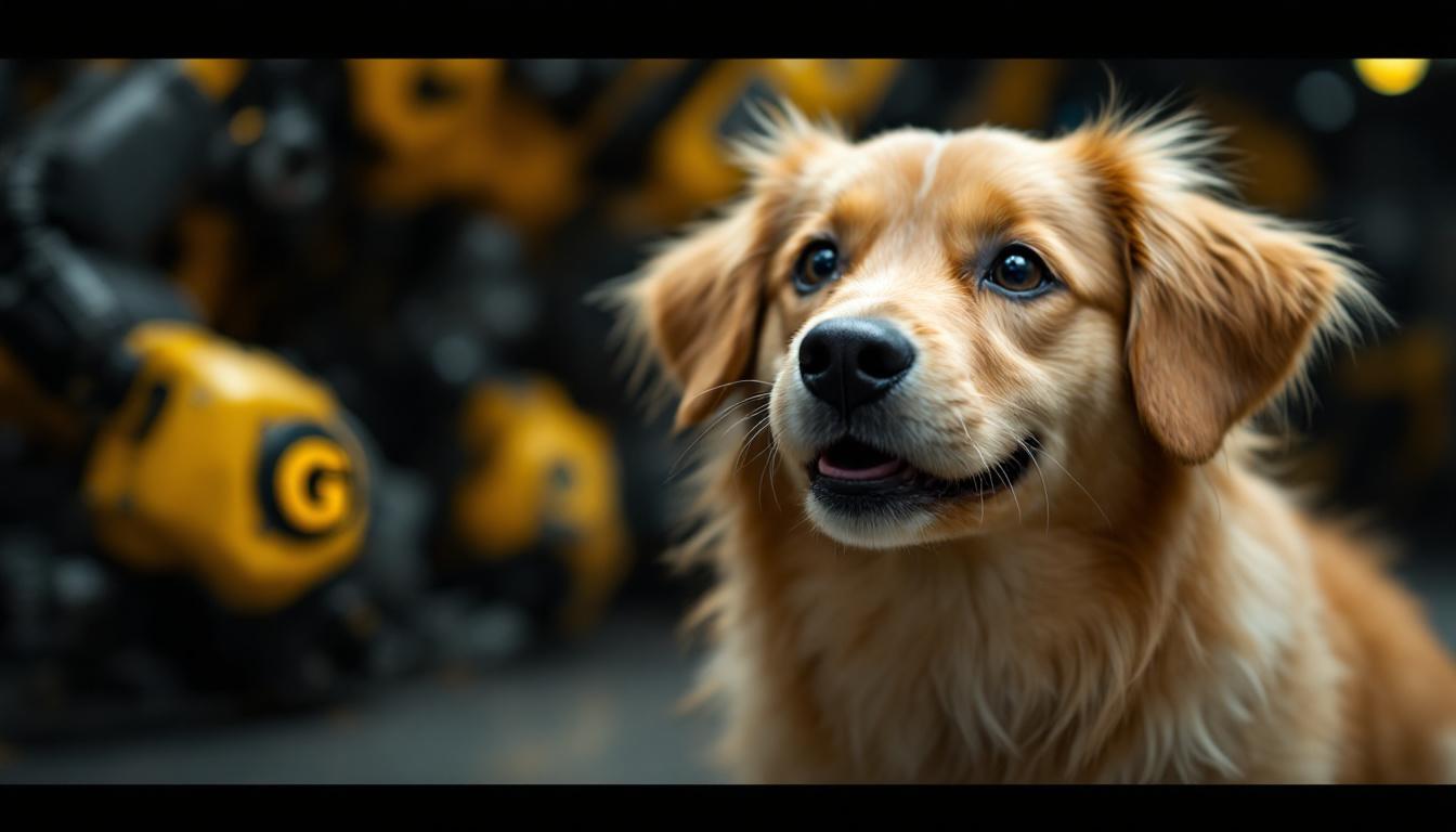 A photograph of a playful dog with a name starting with 'g'