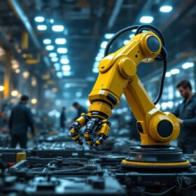 A photograph of a dynamic industrial setting showcasing a robotic arm in action