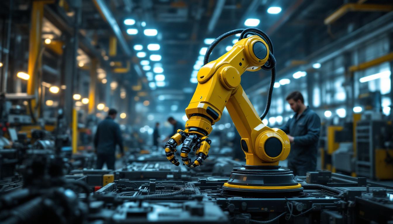 A photograph of a dynamic industrial setting showcasing a robotic arm in action