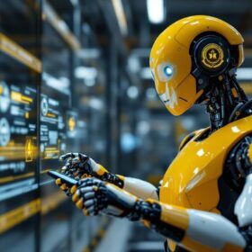 A photograph of a sleek industrial robot in action within a modern manufacturing environment