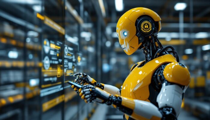 A photograph of a sleek industrial robot in action within a modern manufacturing environment