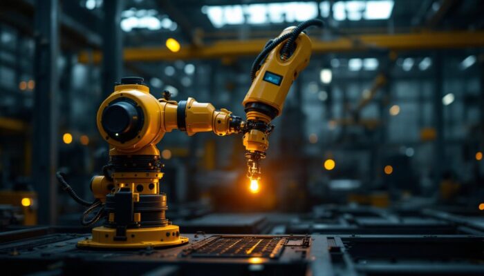 A photograph of a robotic arm equipped with an infrared camera in an industrial setting