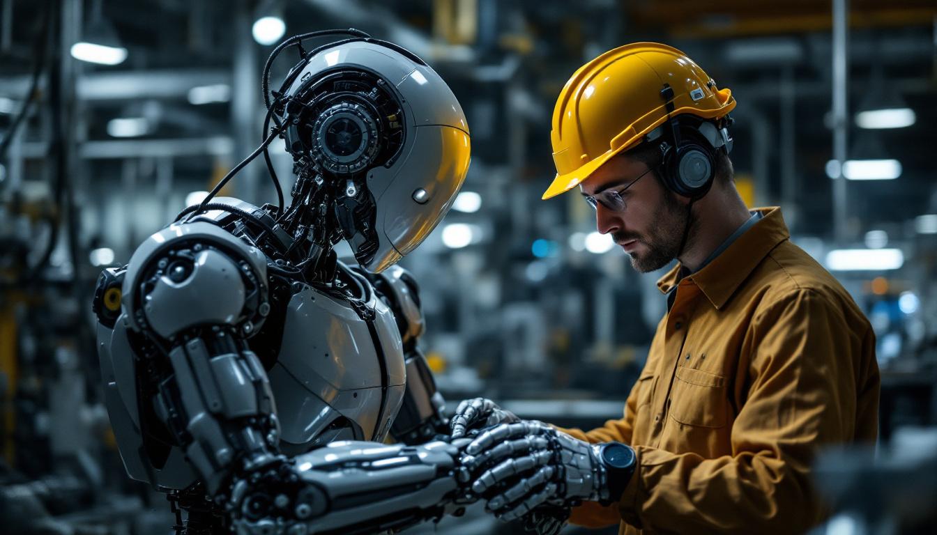 A photograph of a skilled engineer working alongside an industrial robot in a modern manufacturing setting