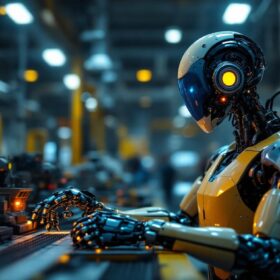A photograph of a sleek industrial robot in action on a factory floor