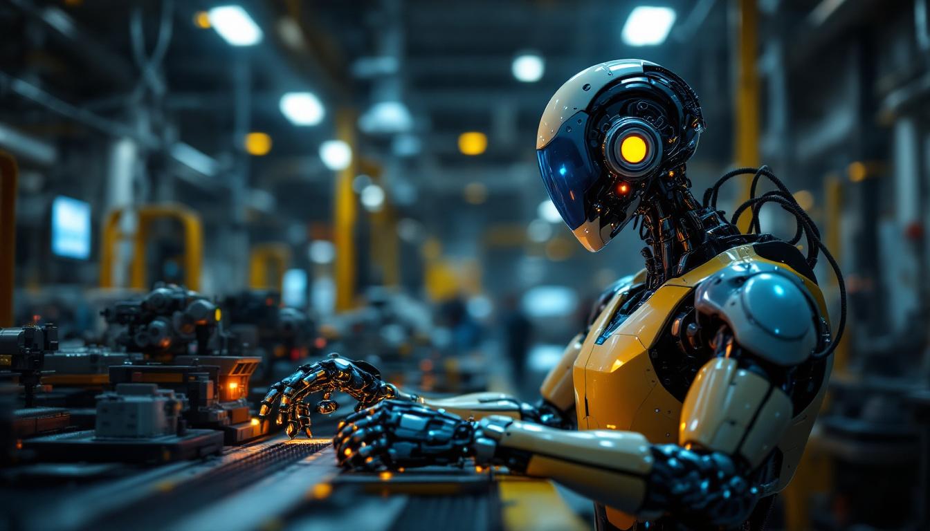 A photograph of a sleek industrial robot in action on a factory floor