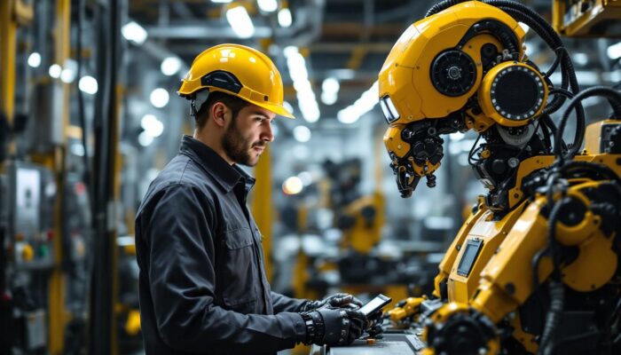 A photograph of a skilled technician operating an industrial robot in a bustling boston manufacturing facility