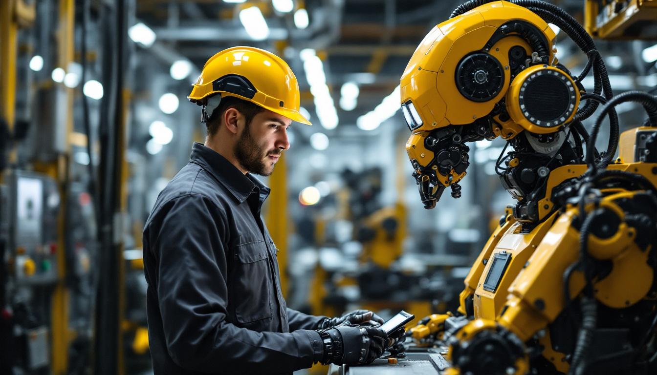 A photograph of a skilled technician operating an industrial robot in a bustling boston manufacturing facility
