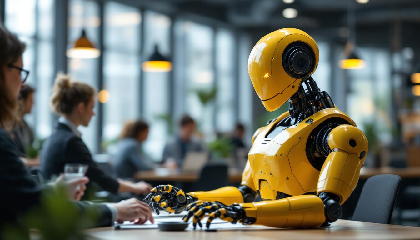 A photograph of a modern office environment featuring an industrial robot in action