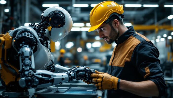 A photograph of a skilled mechanical engineer working alongside a sophisticated industrial robot in a modern manufacturing facility