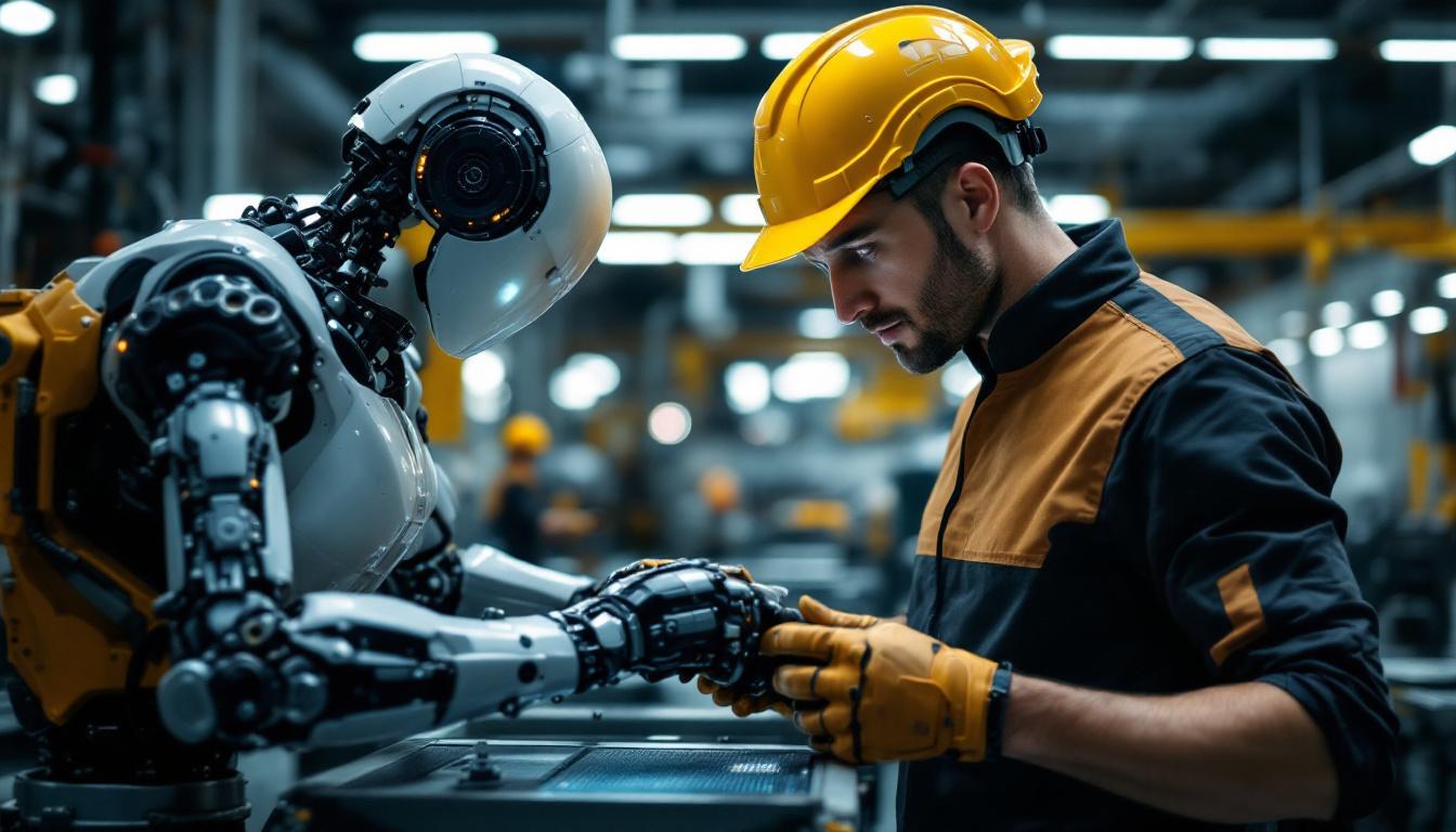 A photograph of a skilled mechanical engineer working alongside a sophisticated industrial robot in a modern manufacturing facility
