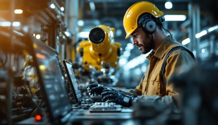 A photograph of a skilled technician programming or operating an industrial robot in a modern manufacturing environment