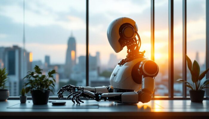 A photograph of a sleek industrial robot in action