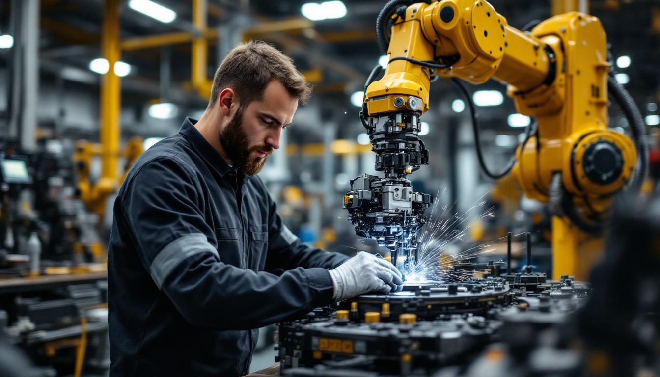 A photograph of a skilled mobile mechanic working on an industrial robotic arm in a dynamic workshop setting