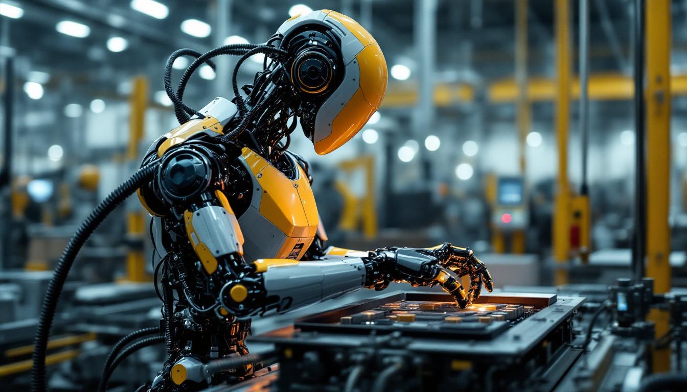 A photograph of a sleek industrial robot in action on a factory floor