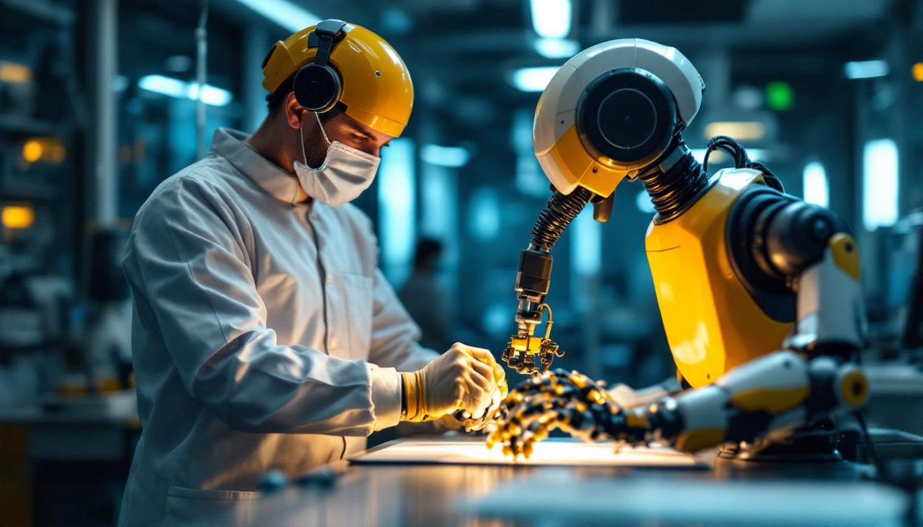 A photograph of a skilled technician operating an industrial robot in a medical setting