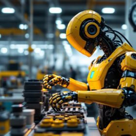 A photograph of a sleek industrial robot in action within a modern manufacturing environment