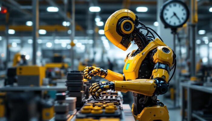 A photograph of a sleek industrial robot in action within a modern manufacturing environment