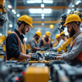 A photograph of a dynamic industrial setting featuring a diverse group of workers interacting with advanced robotic machinery