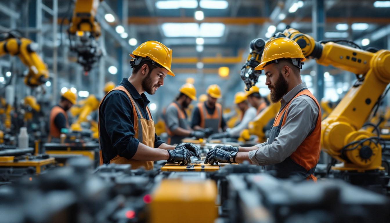 A photograph of a dynamic industrial setting featuring a diverse group of workers interacting with advanced robotic machinery