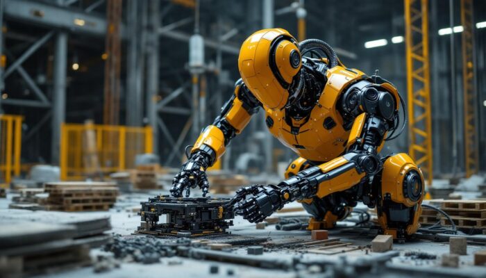 A photograph of a state-of-the-art industrial robot in action at a construction site